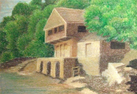 building on a wooded lake shore by Deborah Eater